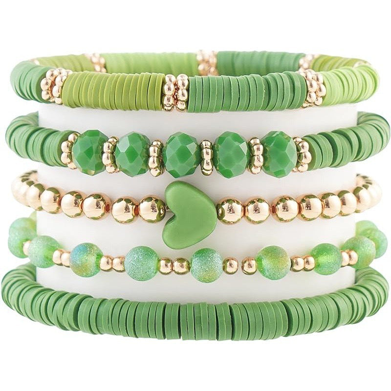 Amazon, Bohemian Bracelet Green Soft Pottery Love Gold Beads 5 Pack Soft Pottery Love Bracelet Set