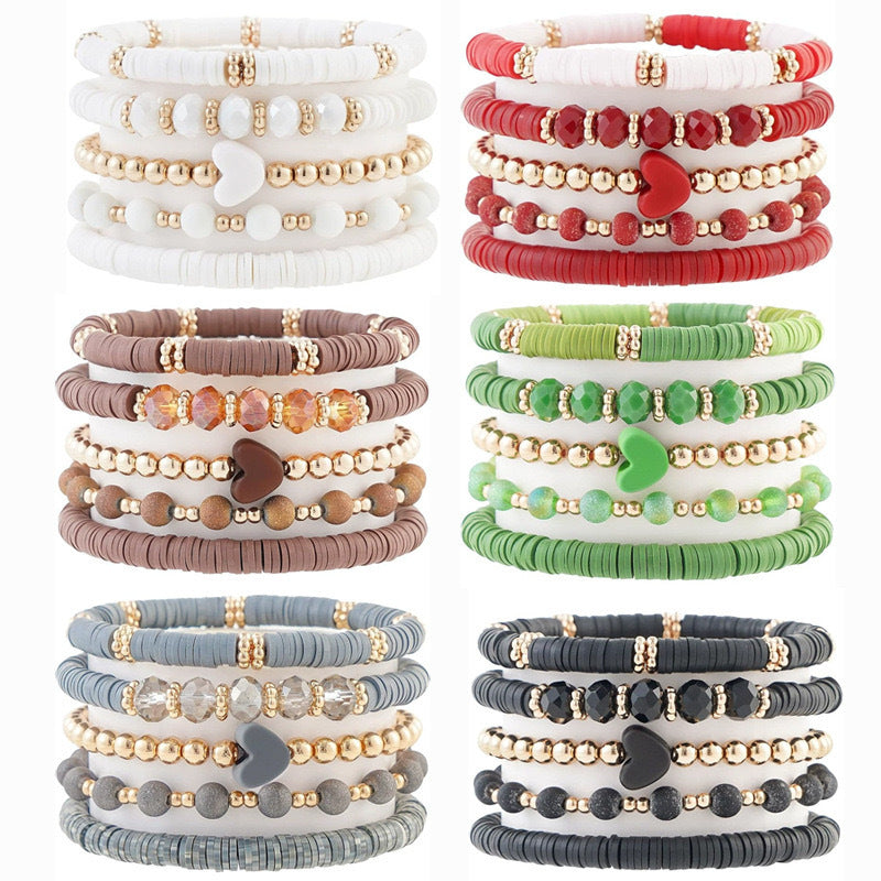 Amazon, Bohemian Bracelet Green Soft Pottery Love Gold Beads 5 Pack Soft Pottery Love Bracelet Set