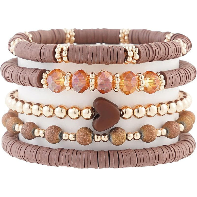 Amazon, Bohemian Bracelet Green Soft Pottery Love Gold Beads 5 Pack Soft Pottery Love Bracelet Set