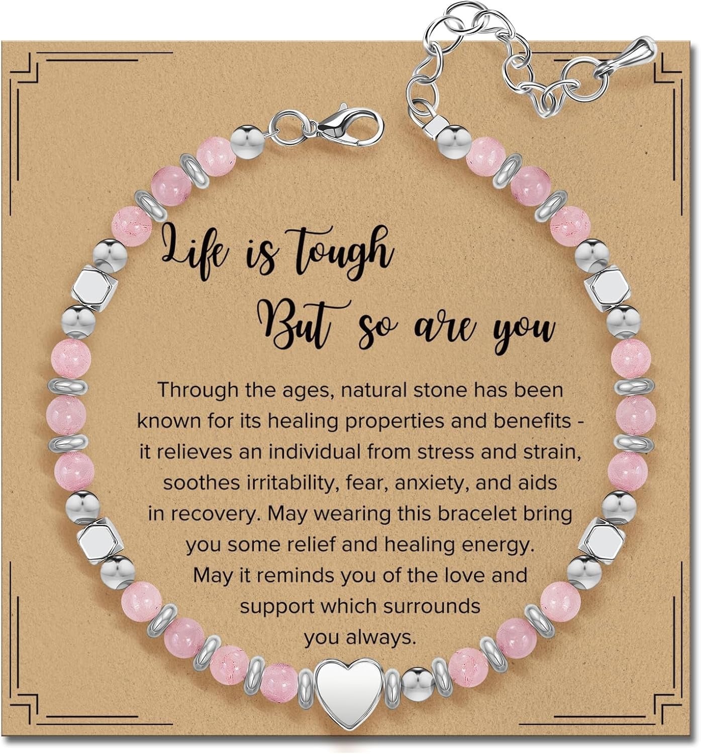 Cross-border natural stone bracelet inspirational gift women's healing beaded pink porcelain bracelet with card gift jewelry